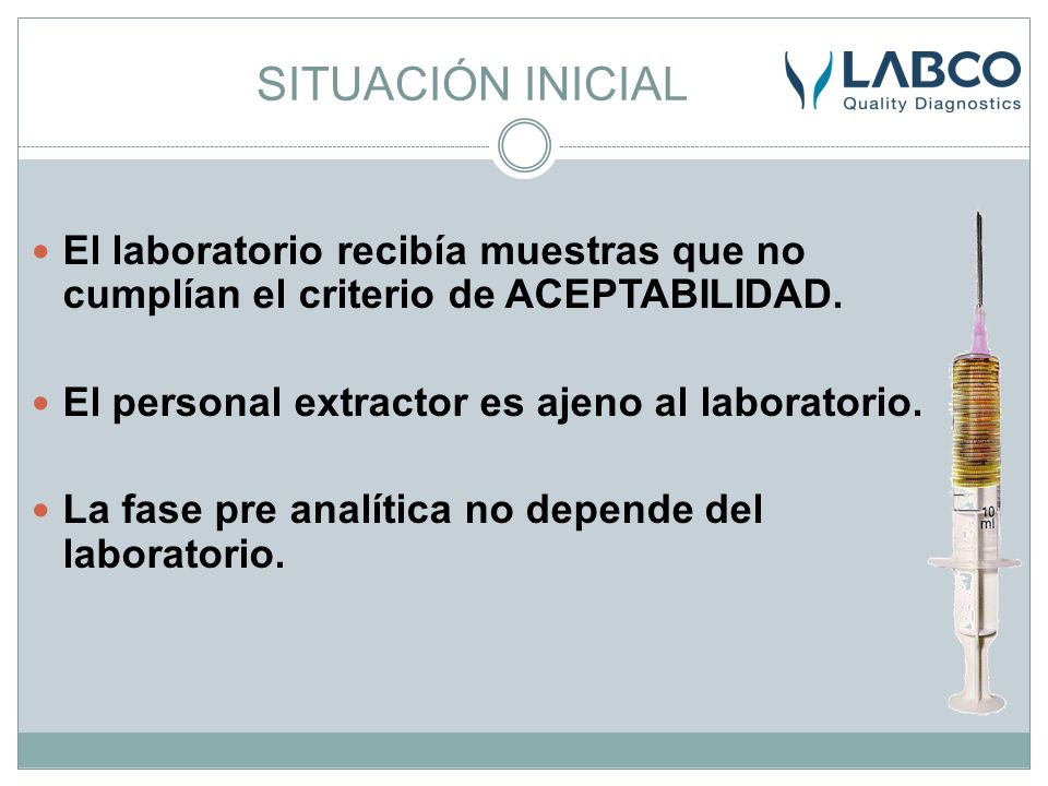 SITUACIÓN INICIAL El laboratorio recibía muestras que no cumplían el criterio de ACEPTABILIDAD. El personal extractor es ajeno al laboratorio.