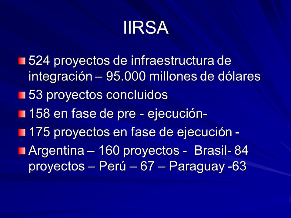IIRSA 524 proyectos de infraestructura de integración – millones de dólares. 53 proyectos concluidos.