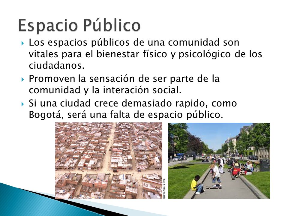 Espacio Público Los espacios públicos de una comunidad son vitales para el bienestar físico y psicológico de los ciudadanos.
