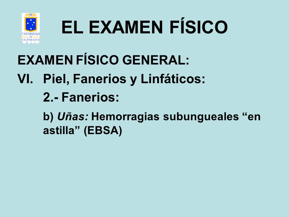 EL EXAMEN FÍSICO EXAMEN FÍSICO GENERAL: Piel, Fanerios y Linfáticos: