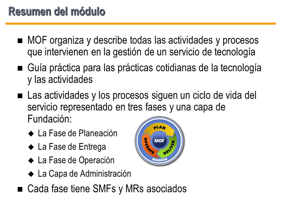 Resumen del módulo MOF organiza y describe todas las actividades y procesos que intervienen en la gestión de un servicio de tecnología.