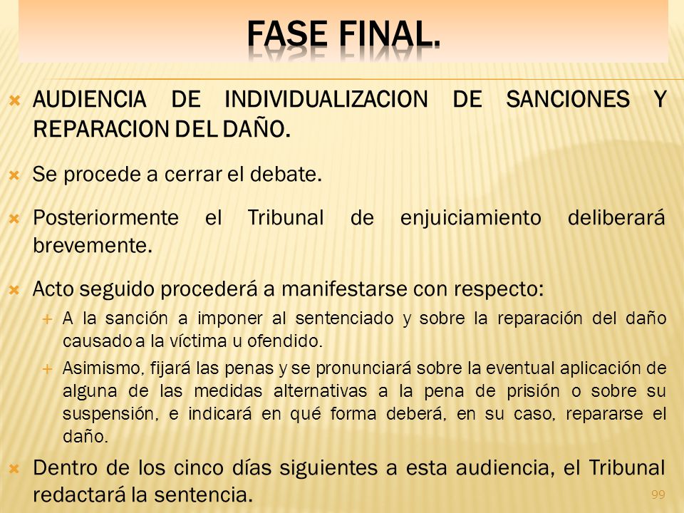 Fase final. AUDIENCIA DE INDIVIDUALIZACION DE SANCIONES Y REPARACION DEL DAÑO. Se procede a cerrar el debate.