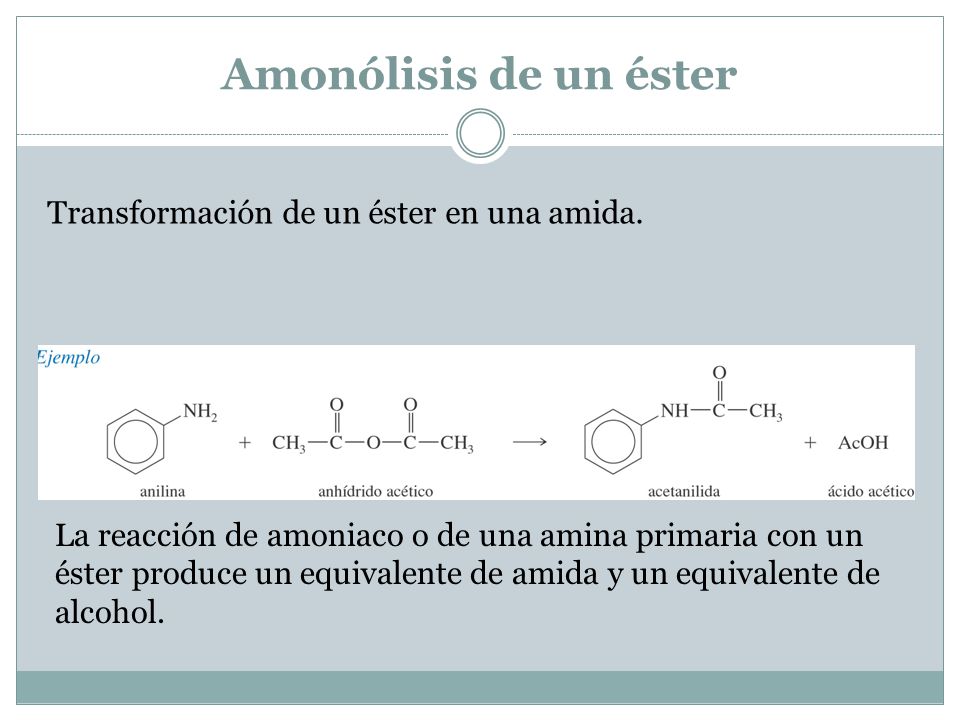 Amonólisis de un éster Transformación de un éster en una amida.