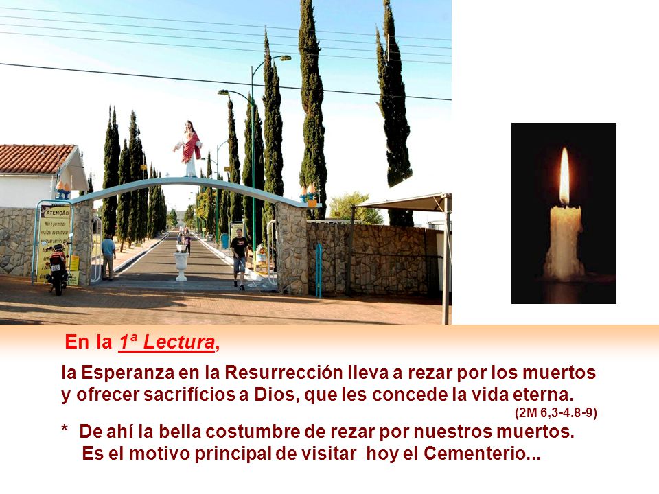 En la 1ª Lectura, la Esperanza en la Resurrección lleva a rezar por los muertos. y ofrecer sacrifícios a Dios, que les concede la vida eterna.