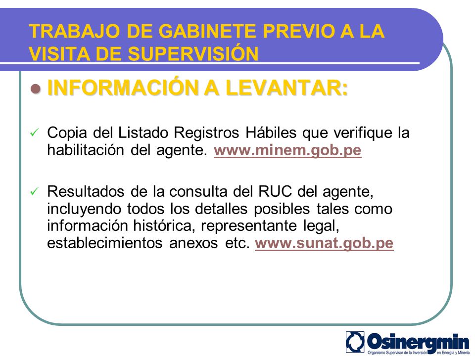 TRABAJO DE GABINETE PREVIO A LA VISITA DE SUPERVISIÓN
