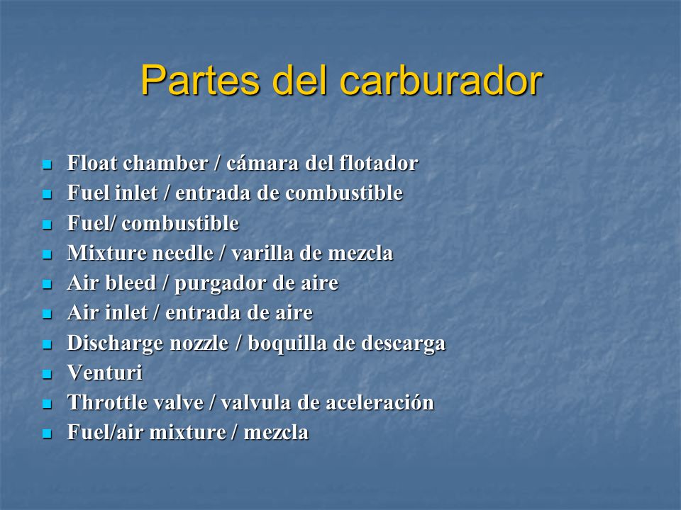 Partes del carburador Float chamber / cámara del flotador