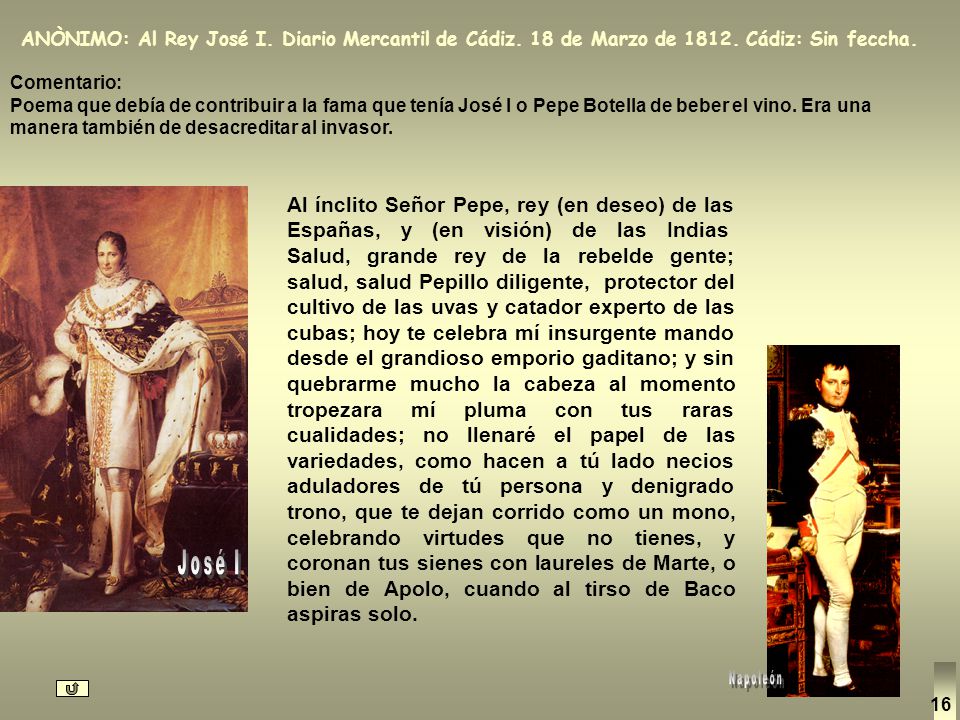 ANÒNIMO: Al Rey José I. Diario Mercantil de Cádiz. 18 de Marzo de Cádiz: Sin feccha.