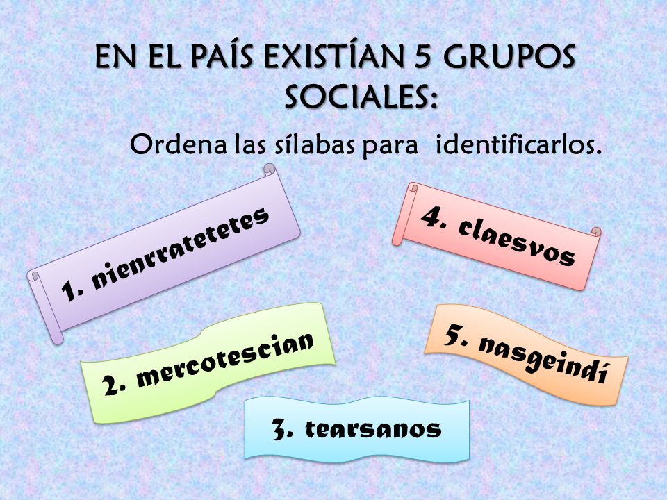 EN EL PAÍS EXISTÍAN 5 GRUPOS SOCIALES: Ordena las sílabas para identificarlos.
