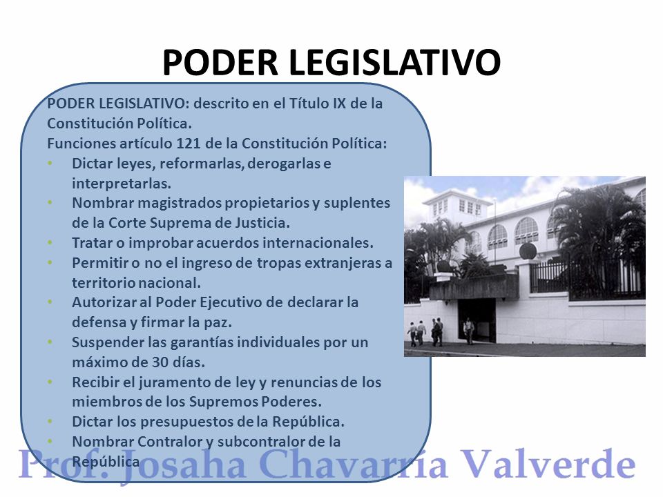 PODER LEGISLATIVO PODER LEGISLATIVO: descrito en el Título IX de la Constitución Política. Funciones artículo 121 de la Constitución Política: