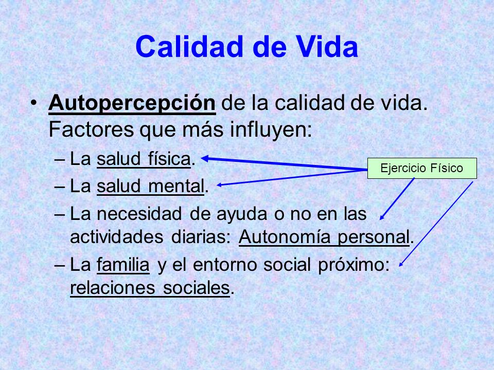 Calidad de Vida Autopercepción de la calidad de vida. Factores que más influyen: La salud física. La salud mental.