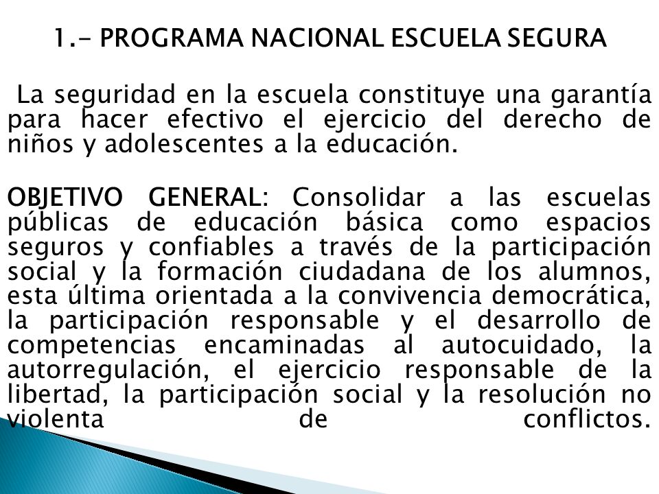 1.- PROGRAMA NACIONAL ESCUELA SEGURA La seguridad en la escuela constituye una garantía para hacer efectivo el ejercicio del derecho de niños y adolescentes a la educación.