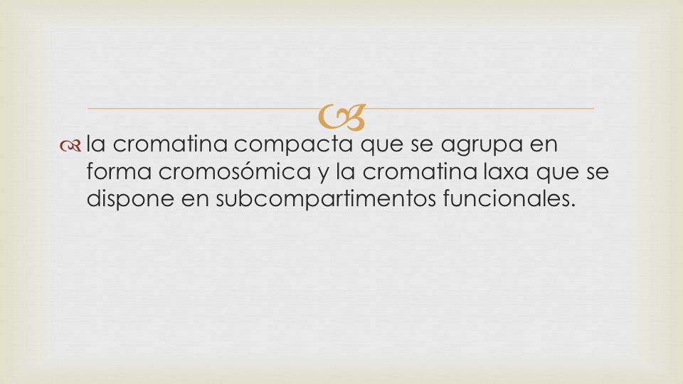 la cromatina compacta que se agrupa en forma cromosómica y la cromatina laxa que se dispone en subcompartimentos funcionales.