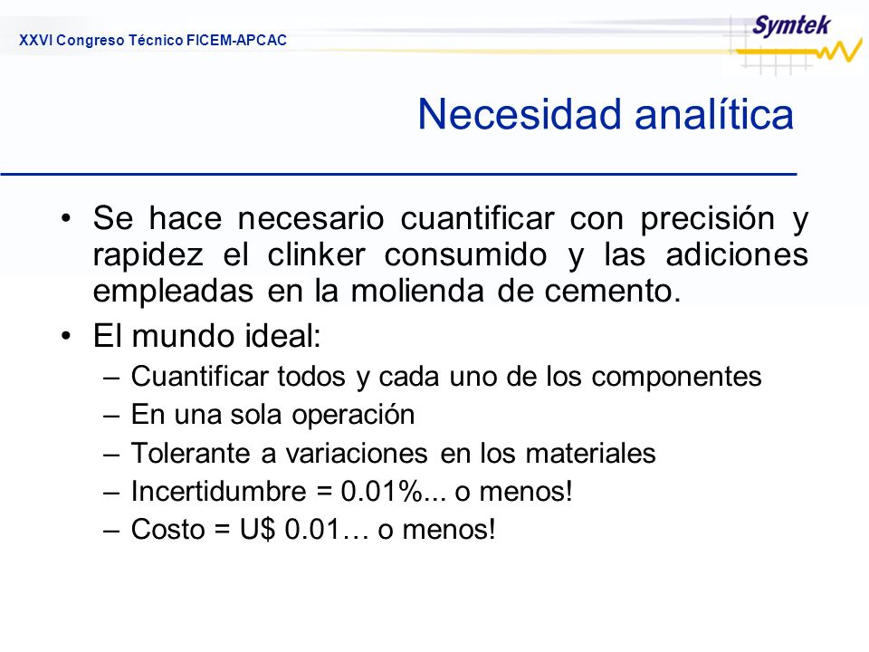 Necesidad analítica Se hace necesario cuantificar con precisión y rapidez el clinker consumido y las adiciones empleadas en la molienda de cemento.