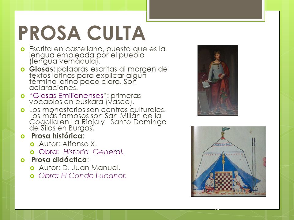 PROSA CULTA Escrita en castellano, puesto que es la lengua empleada por el pueblo (lengua vernácula).