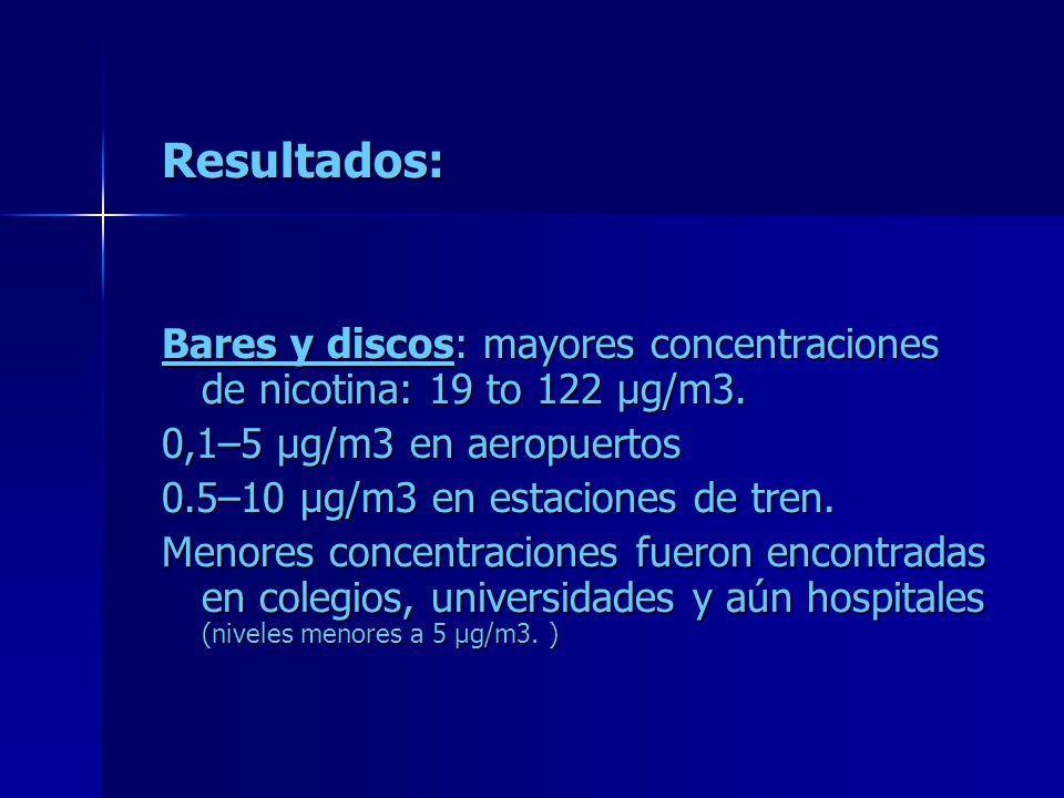 Resultados: Bares y discos: mayores concentraciones de nicotina: 19 to 122 µg/m3. 0,1–5 µg/m3 en aeropuertos.