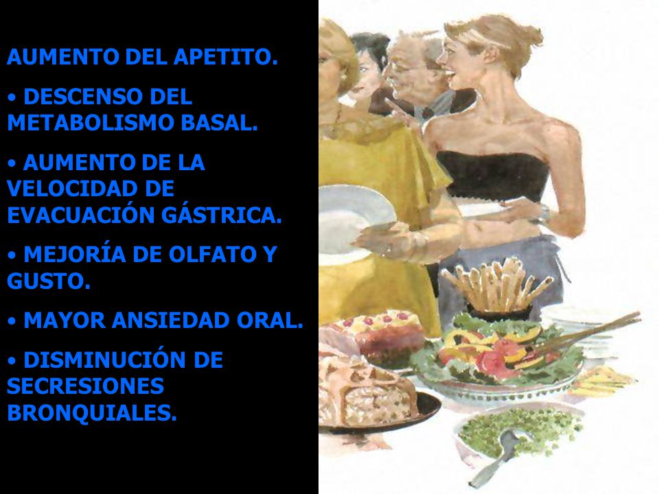 AUMENTO DEL APETITO. DESCENSO DEL METABOLISMO BASAL. AUMENTO DE LA VELOCIDAD DE EVACUACIÓN GÁSTRICA.