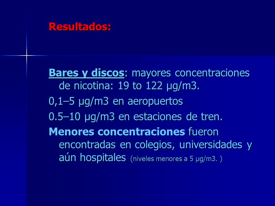 Resultados: Bares y discos: mayores concentraciones de nicotina: 19 to 122 µg/m3. 0,1–5 µg/m3 en aeropuertos.