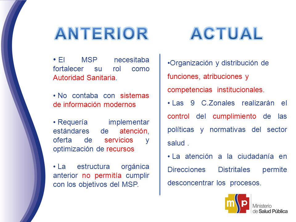 ANTERIOR ACTUAL El MSP necesitaba fortalecer su rol como Autoridad Sanitaria. No contaba con sistemas de información modernos.