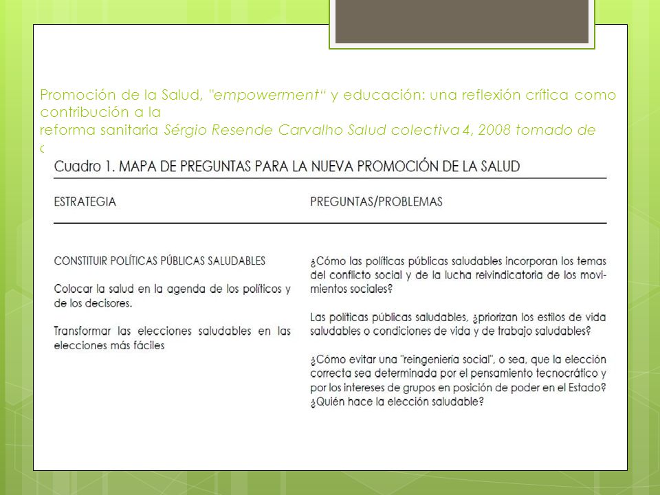 Promoción de la Salud, empowerment y educación: una reflexión crítica como contribución a la reforma sanitaria Sérgio Resende Carvalho Salud colectiva 4, 2008 tomado de curso Gestión de DSS, REDET, COLAM