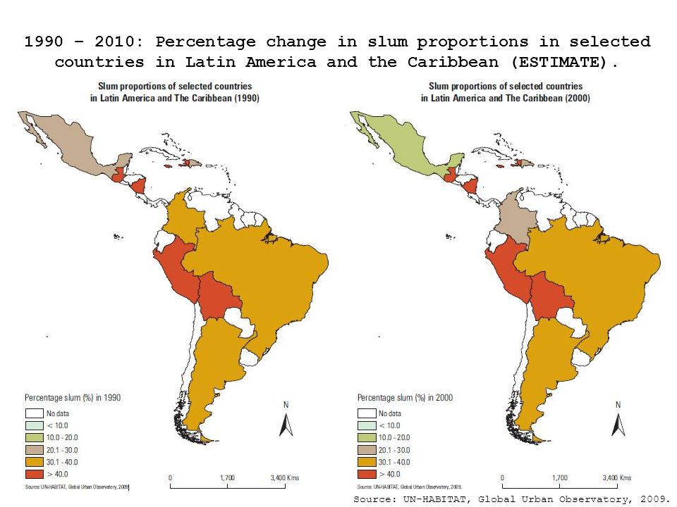 1990 – 2010: Percentage change in slum proportions in selected countries in Latin America and the Caribbean (ESTIMATE).