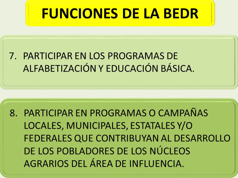 FUNCIONES DE LA BEDR 7. PARTICIPAR EN LOS PROGRAMAS DE ALFABETIZACIÓN Y EDUCACIÓN BÁSICA.