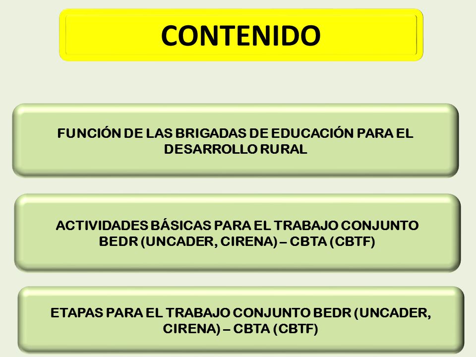 CONTENIDO FUNCIÓN DE LAS BRIGADAS DE EDUCACIÓN PARA EL DESARROLLO RURAL. ACTIVIDADES BÁSICAS PARA EL TRABAJO CONJUNTO.