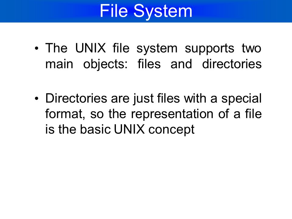 File System The UNIX file system supports two main objects: files and directories.