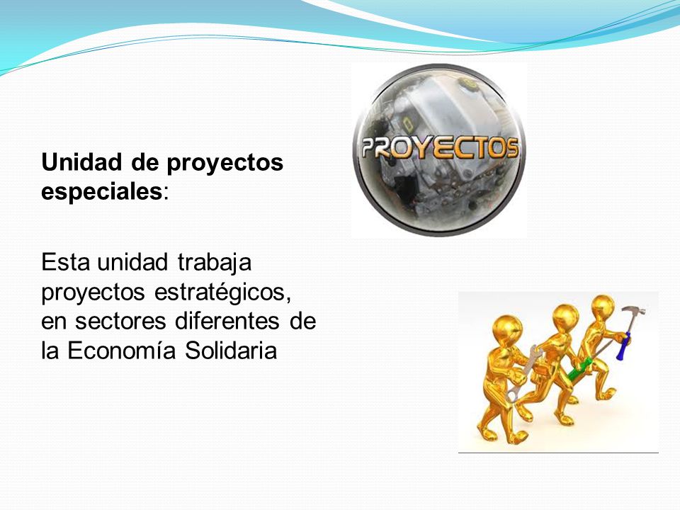 Unidad de proyectos especiales: Esta unidad trabaja proyectos estratégicos, en sectores diferentes de la Economía Solidaria