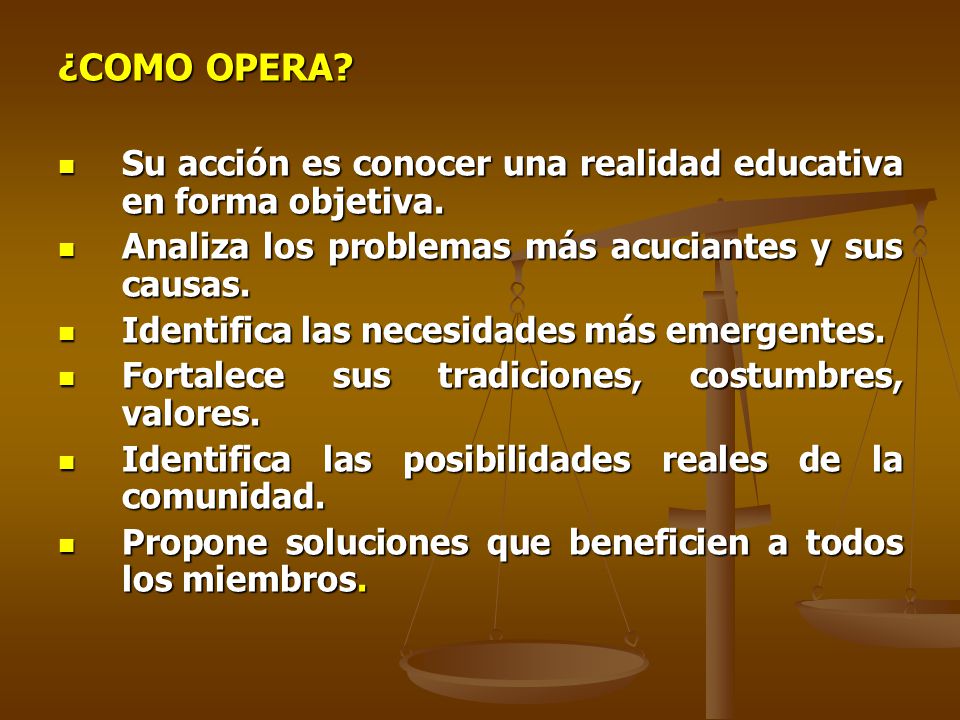 ¿COMO OPERA Su acción es conocer una realidad educativa en forma objetiva. Analiza los problemas más acuciantes y sus causas.