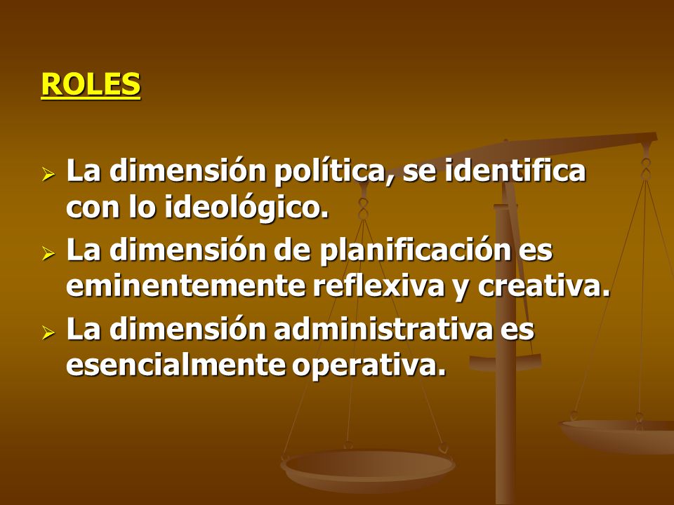 ROLES La dimensión política, se identifica con lo ideológico. La dimensión de planificación es eminentemente reflexiva y creativa.