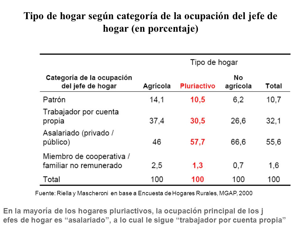 Tipo de hogar según categoría de la ocupación del jefe de hogar (en porcentaje)