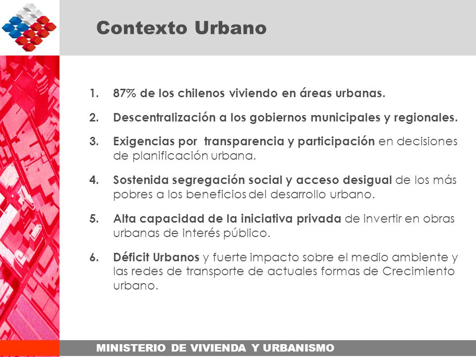 Contexto Urbano 87% de los chilenos viviendo en áreas urbanas.