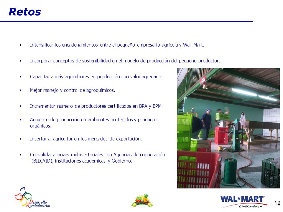 Retos Intensificar los encadenamientos entre el pequeño empresario agrícola y Wal–Mart.