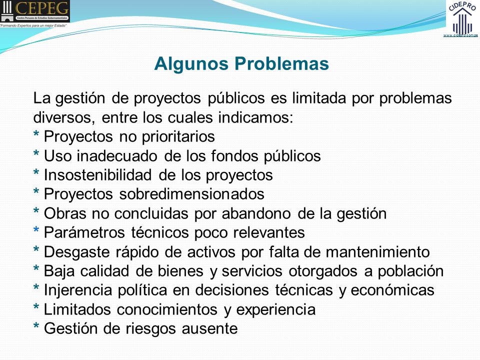 Algunos Problemas La gestión de proyectos públicos es limitada por problemas. diversos, entre los cuales indicamos: