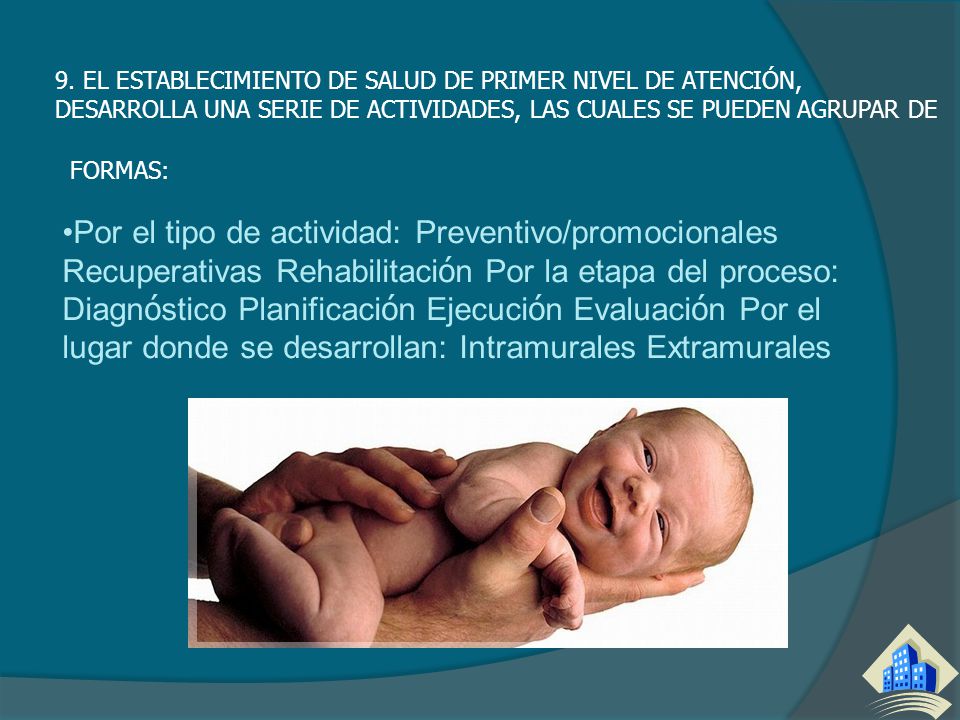 9. EL ESTABLECIMIENTO DE SALUD DE PRIMER NIVEL DE ATENCIÓN, DESARROLLA UNA SERIE DE ACTIVIDADES, LAS CUALES SE PUEDEN AGRUPAR DE