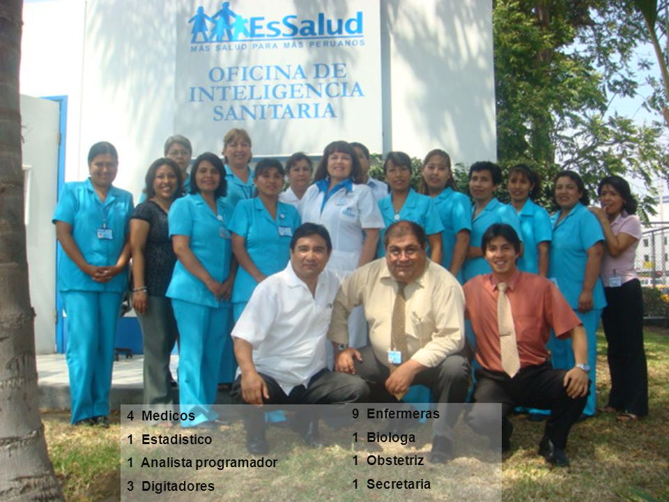 4 Medicos 1 Estadistico. 1 Analista programador. 3 Digitadores. 9 Enfermeras. 1 Biologa. 1 Obstetriz.