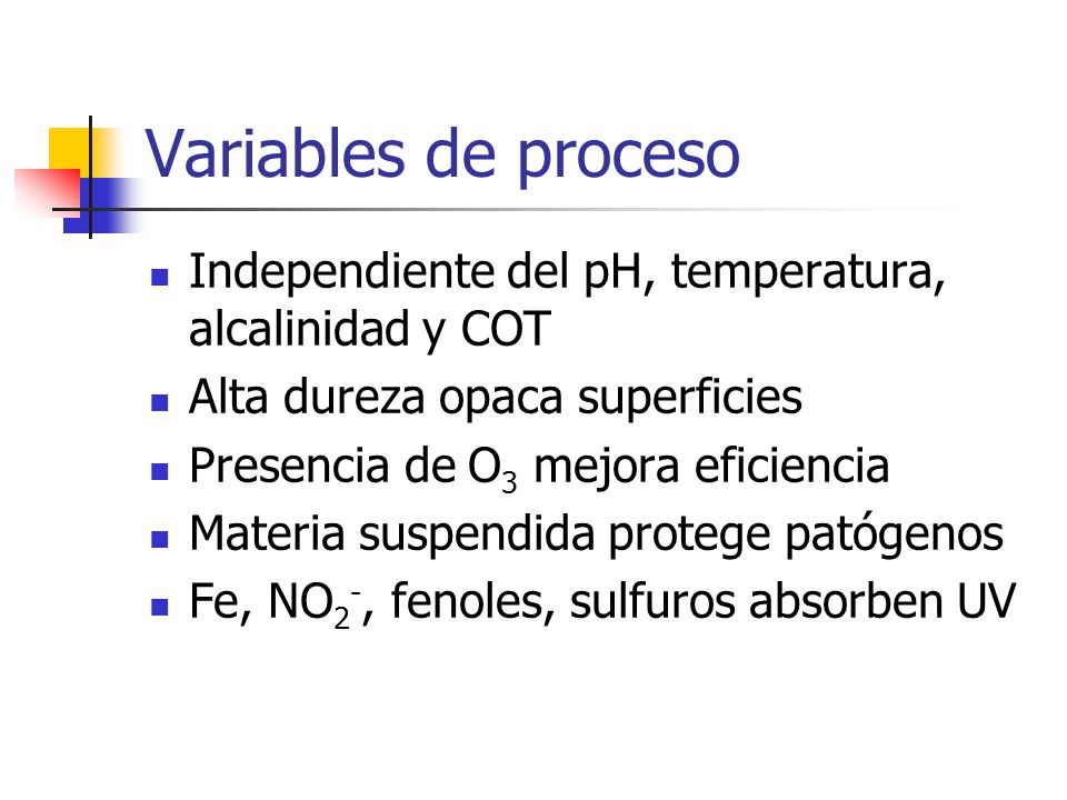Variables de proceso Independiente del pH, temperatura, alcalinidad y COT. Alta dureza opaca superficies.
