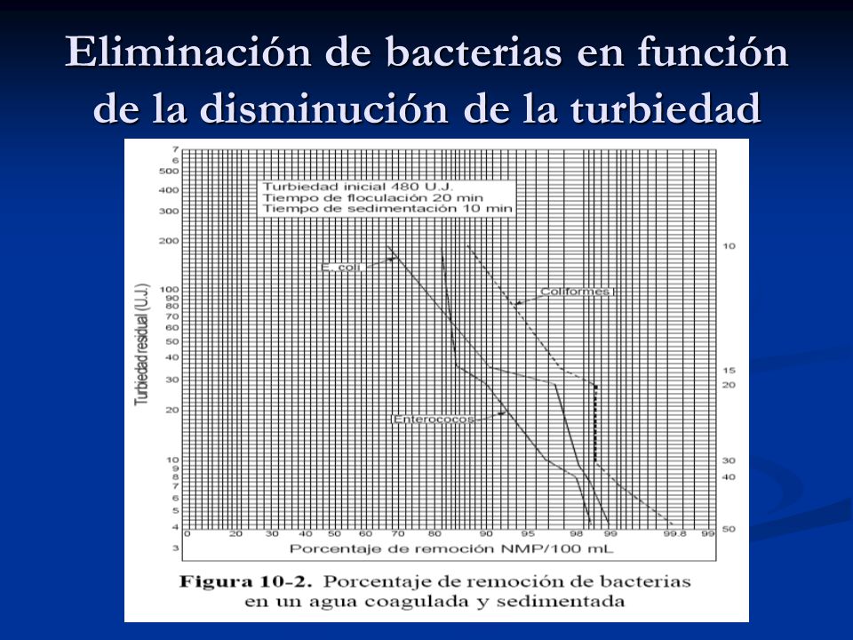Eliminación de bacterias en función de la disminución de la turbiedad