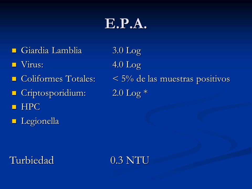 E.P.A. Turbiedad 0.3 NTU Giardia Lamblia 3.0 Log Virus: 4.0 Log