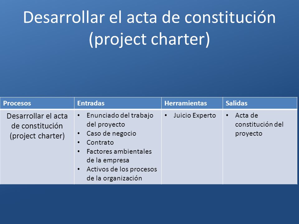Desarrollar el acta de constitución (project charter)