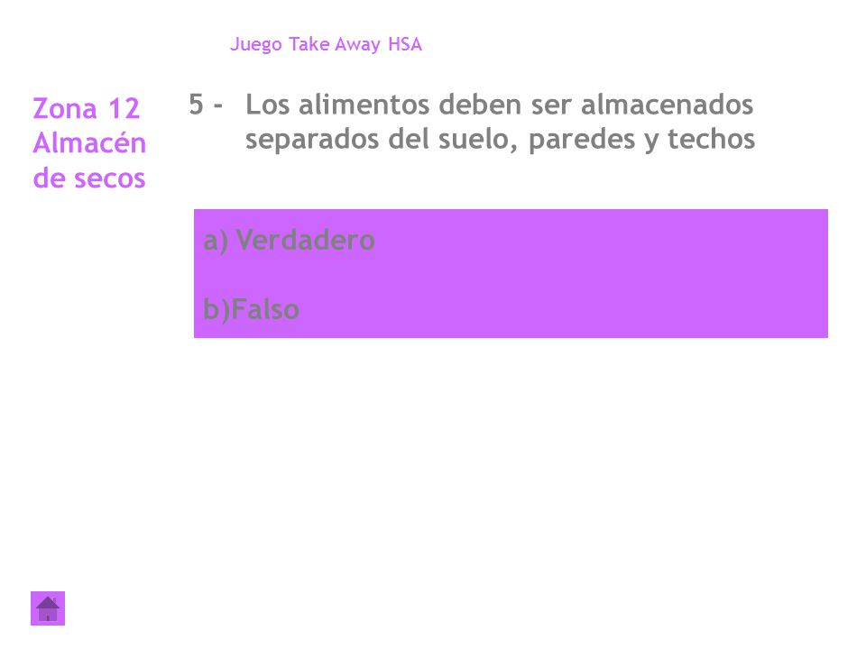 Juego Take Away HSA Zona 12 Almacén de secos. 5 - Los alimentos deben ser almacenados separados del suelo, paredes y techos.