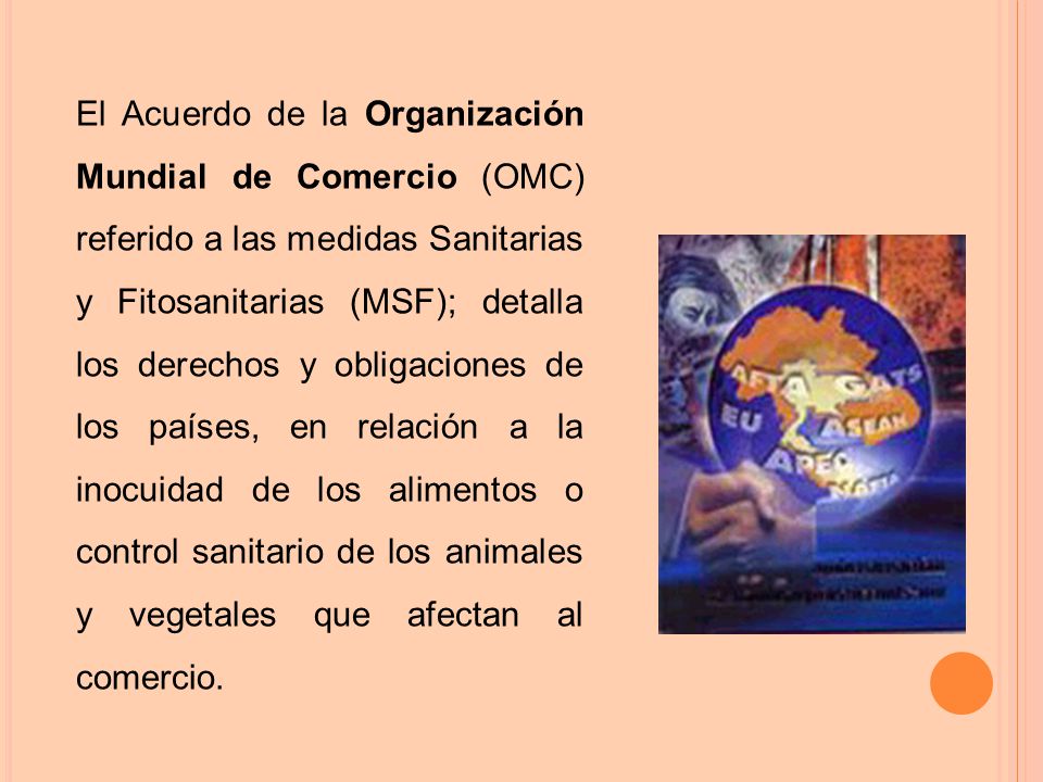 El Acuerdo de la Organización Mundial de Comercio (OMC) referido a las medidas Sanitarias y Fitosanitarias (MSF); detalla los derechos y obligaciones de los países, en relación a la inocuidad de los alimentos o control sanitario de los animales y vegetales que afectan al comercio.