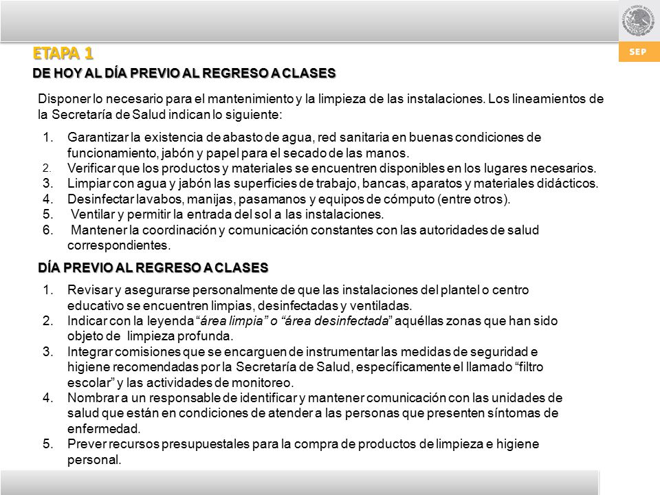 ETAPA 1 DE HOY AL DÍA PREVIO AL REGRESO A CLASES