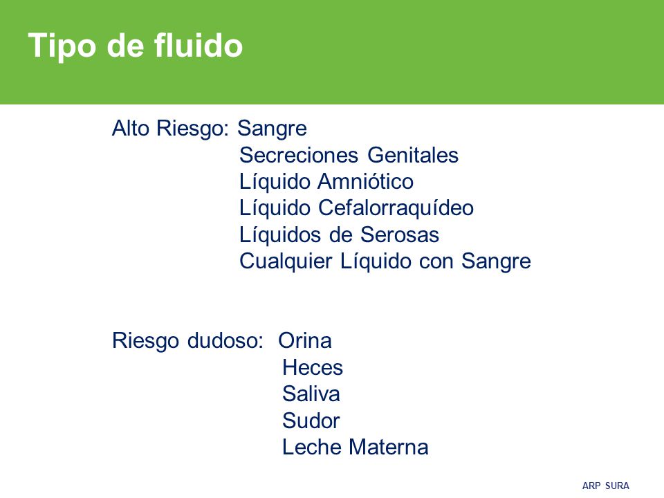 Tipo de fluido Alto Riesgo: Sangre Secreciones Genitales