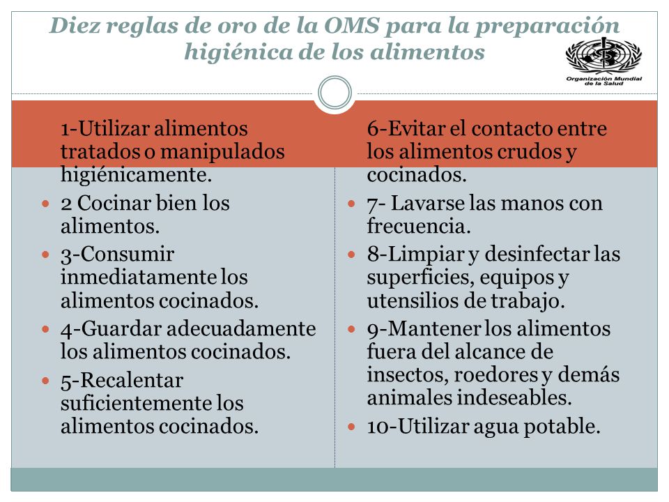 Diez reglas de oro de la OMS para la preparación higiénica de los alimentos