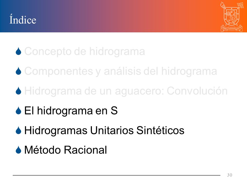 Índice Concepto de hidrograma. Componentes y análisis del hidrograma. Hidrograma de un aguacero: Convolución.