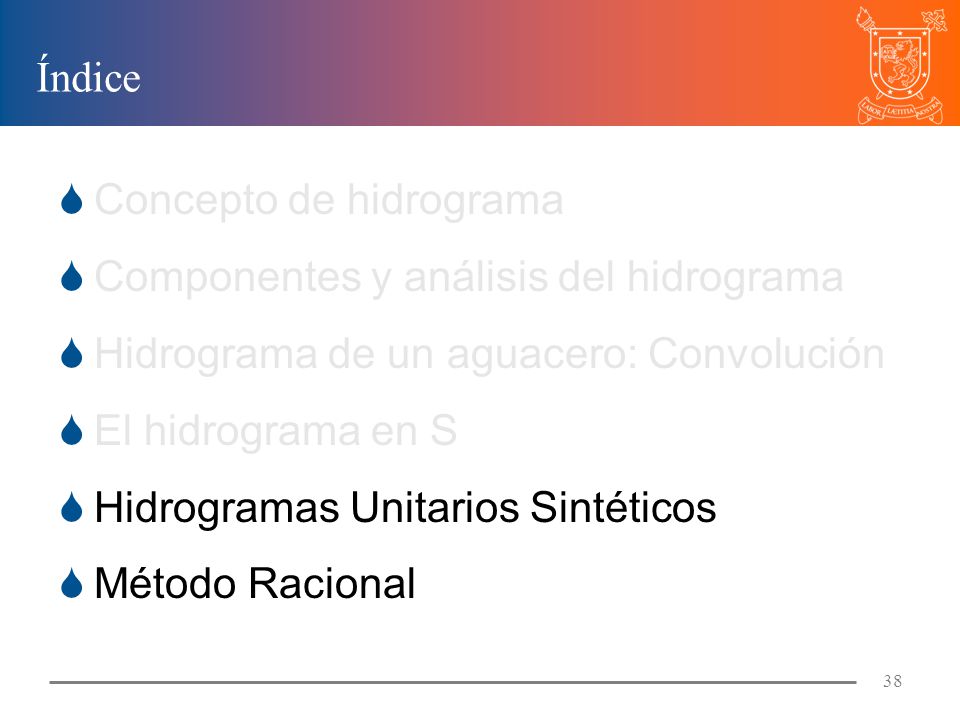 Índice Concepto de hidrograma. Componentes y análisis del hidrograma. Hidrograma de un aguacero: Convolución.