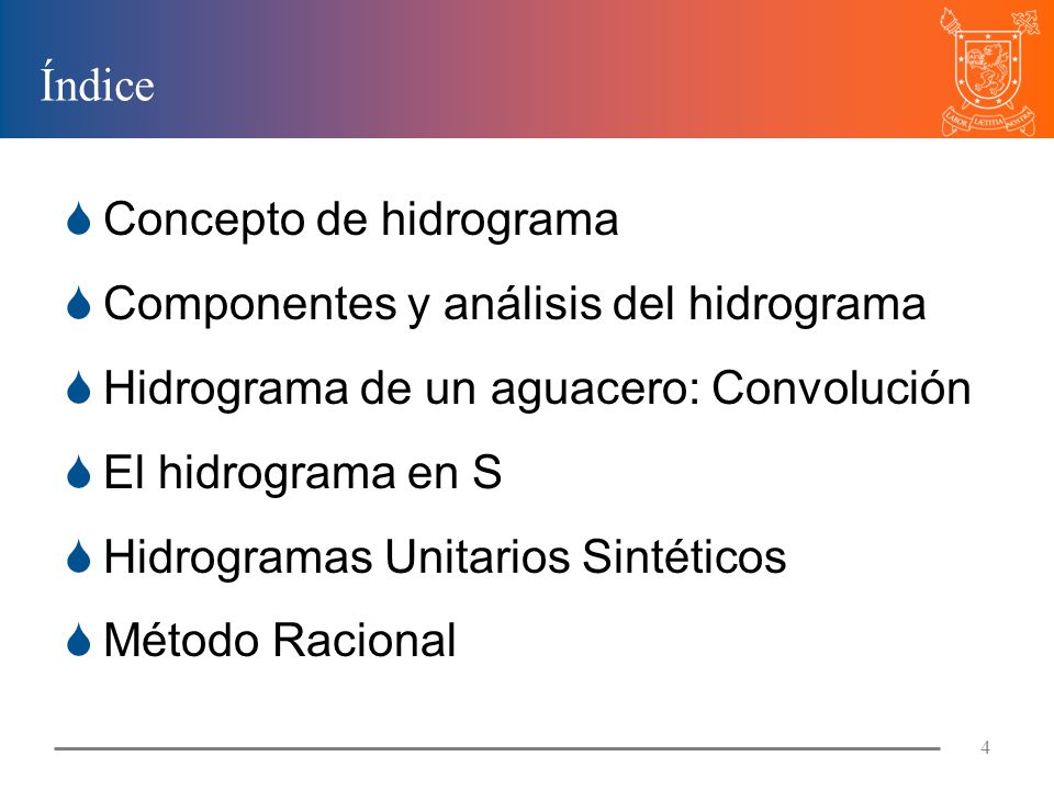 Índice Concepto de hidrograma. Componentes y análisis del hidrograma. Hidrograma de un aguacero: Convolución.