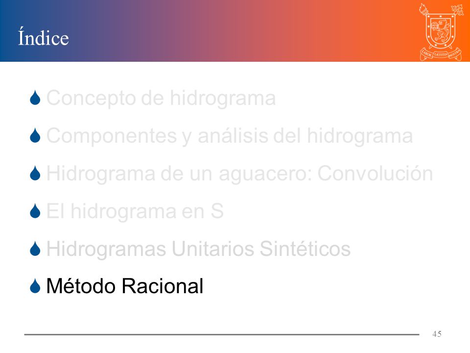 Índice Concepto de hidrograma. Componentes y análisis del hidrograma. Hidrograma de un aguacero: Convolución.