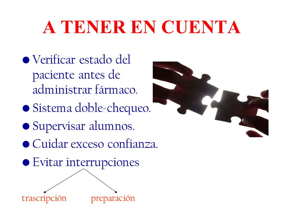 A TENER EN CUENTA Verificar estado del paciente antes de administrar fármaco. Sistema doble-chequeo.